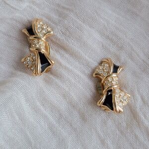 Vintage 1990s‎ Swarovski Clip-On Earrings Black Gold Crystal Bow Glam